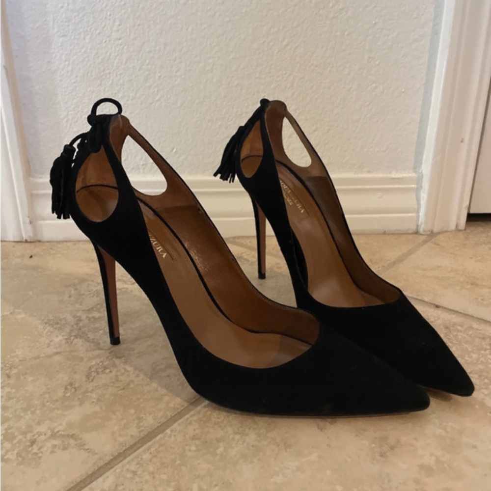 Aquazzura Black Suede Heels with Tassel